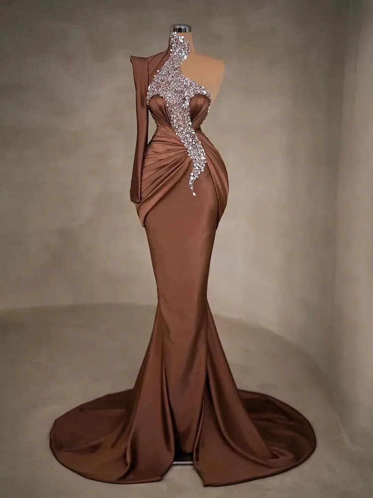 Customized Simple Glitter One Shoulder Sequined Mermaid Evening Dresses Brown Prom Dress Floor Length Formal Party Gowns