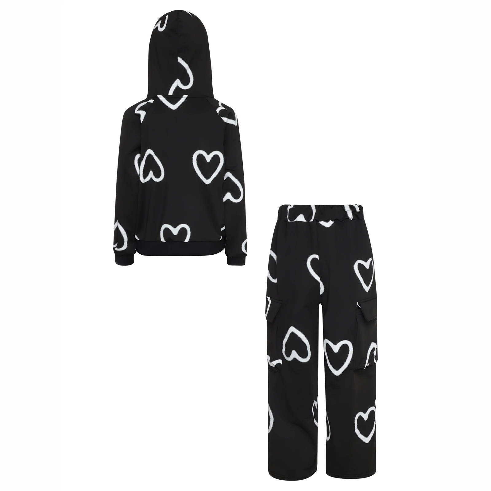 Crianças meninas 2 peça agasalho mangas compridas moletom com capuz e calças coração impressão moda outfit hip hop dança roupas casuais