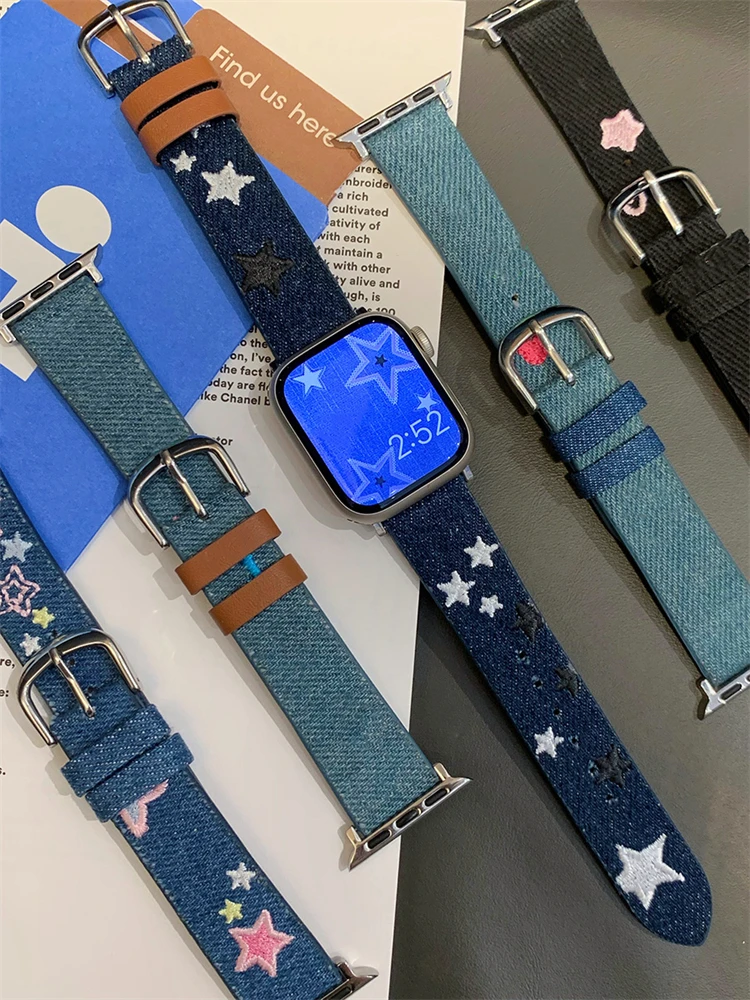 Y2k Star Butterfly Embroidered Denim Leather Watch Strap For Apple Watch Band 41mm 40mm 38mm Girl Band For iwatch 8 7 SE 6 5 4 3
