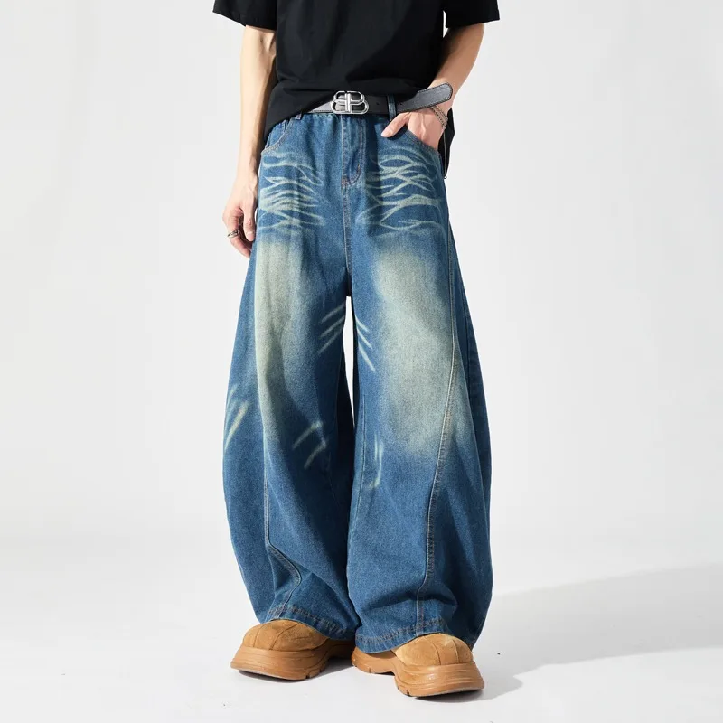 Calças de ganga de estilo coreano, com toque vintage americano, para mulher e homem, cintura alta, corte irregular, calças largas e folgadas, estilo r
