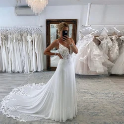 Fashionable Sexy A Line Women's Wedding Dresses Graceful Lace Appliques Bride Gowns Spaghetti Straps Sleeveless Abiti Da Sposa