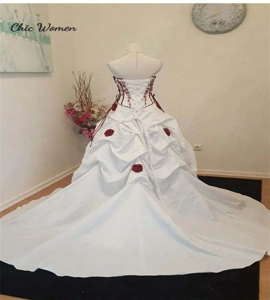 Hispanic White Gothic Wedding Dress With Red Emboridery Rose Florals Ball Gown Hippies Medieval Bride Dress Corset Customized