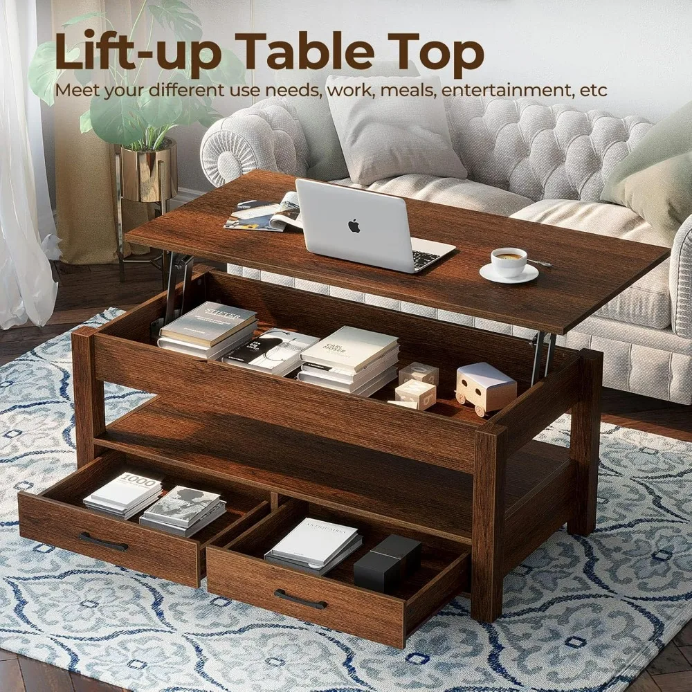 Coffee Table, Lift Top Coffee Table with Drawers and Hidden Compartment, Retro Central Table with Wooden Lift Tabletop, Tables