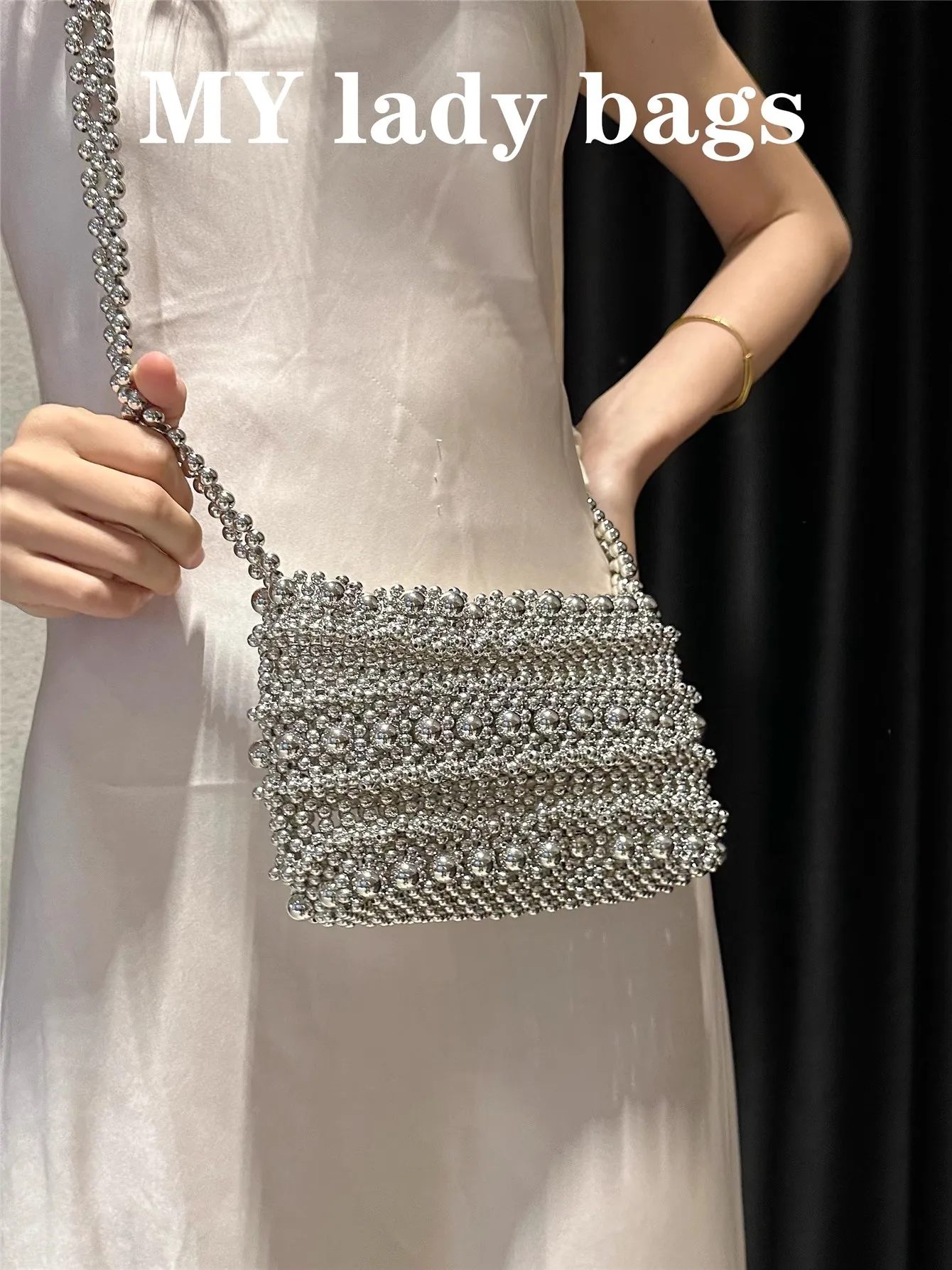 

Silver Beads Beaded Shoulder Crossbody Bag Beads Beading Handmade Women Handbag Female Mobile Phone Bag Lady Purse Casual Bag