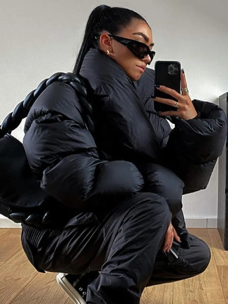 

FDYOUI Fashion Scarf Collar Bubble Coats for Women 2025 Autumn Winter Solid Black Cotton Padded Jackets Thicken Warm Parkas