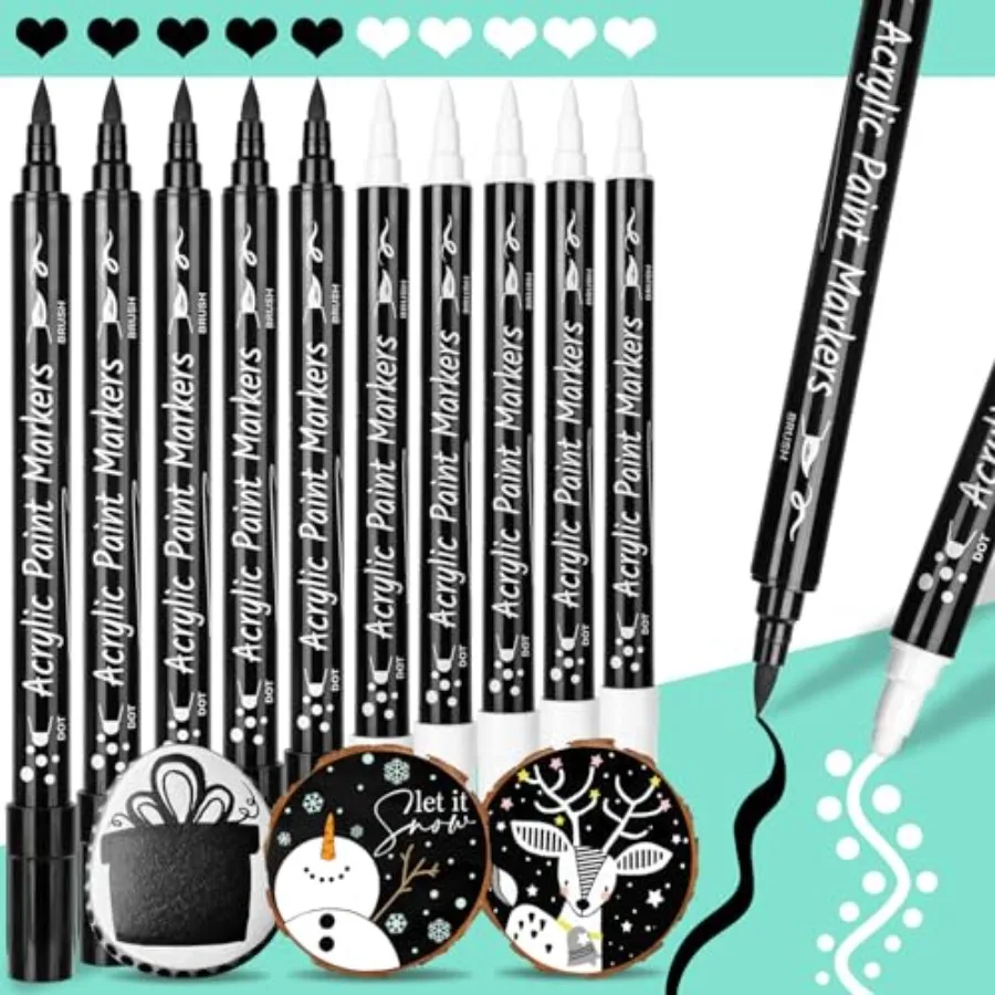 

Black White Paint Pen Acrylic Marker: 12 Pack Brush and Fine Dual-tip Permanent Black White Paint Markers for Paper, Rock Paint