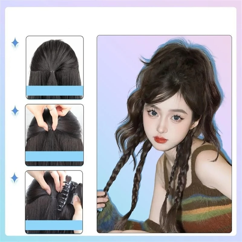 Fashion Women\'s Wigs Long Hair Simulation Boxer Braid Grab Clip Fountain Waterfall Half Tie High Ponytail Wig Braid Decoration