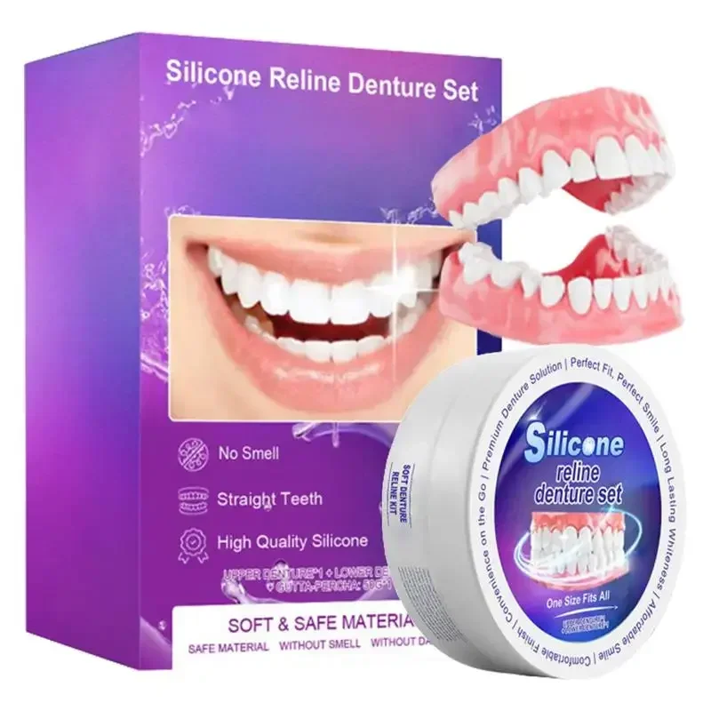 Juego de dentadura postiza de silicona compatible con dentaduras postizas de ortodoncia temporales, cuidado de higiene bucal, dentaduras postizas blanqueadoras, soportes de simulación