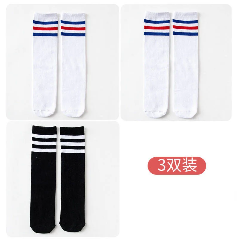 1/2/3Pairs Kinder Mädchen Kniehohe Baumwolle Socken Schwarz Weiß Drei-Linie Gestreiften Laufsport socken Fußball Golf Sport Socken – Detail 17