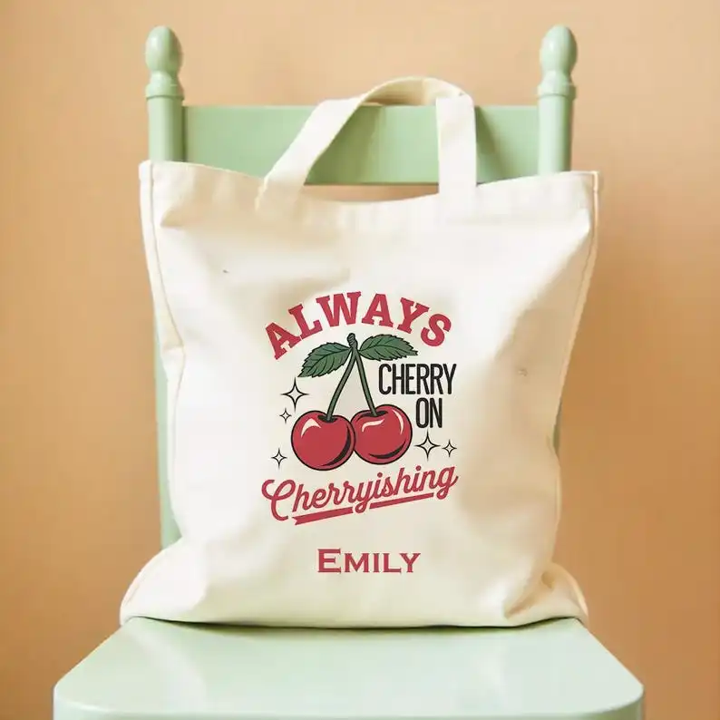 Personalized Cherry Tote Bag - Self Love Club Canvas Bag with Name - Custom Red Cherry Aesthetic Gift for Her