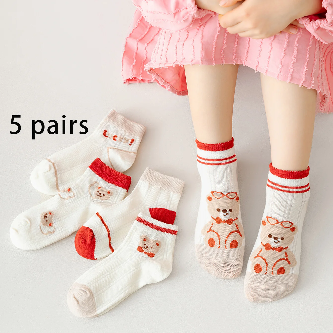 

5 pairs of cute teddy bear socks - comfortable and breathable casual socks for girls