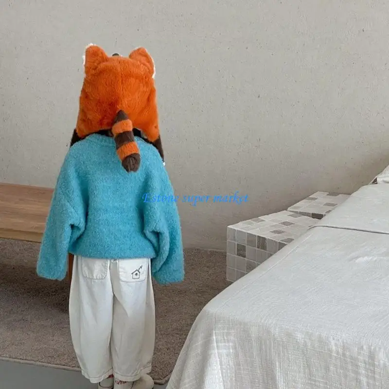 090B Plush Raccoon Ear Hat For Newborns 1-8 Years Thickened Insulated CAps