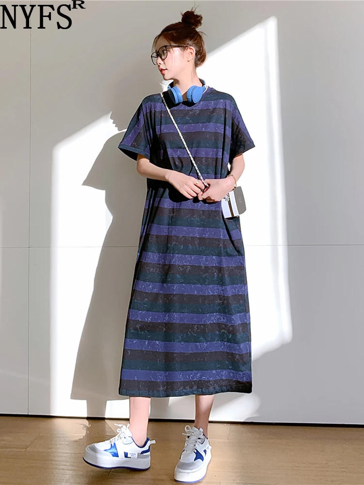 

NYFS 2023 Summer New Korea Woman Dress Vestidos Robe Ete Femme Elbise Loose Plus Size Stripe Short Sleeve Long Dresses