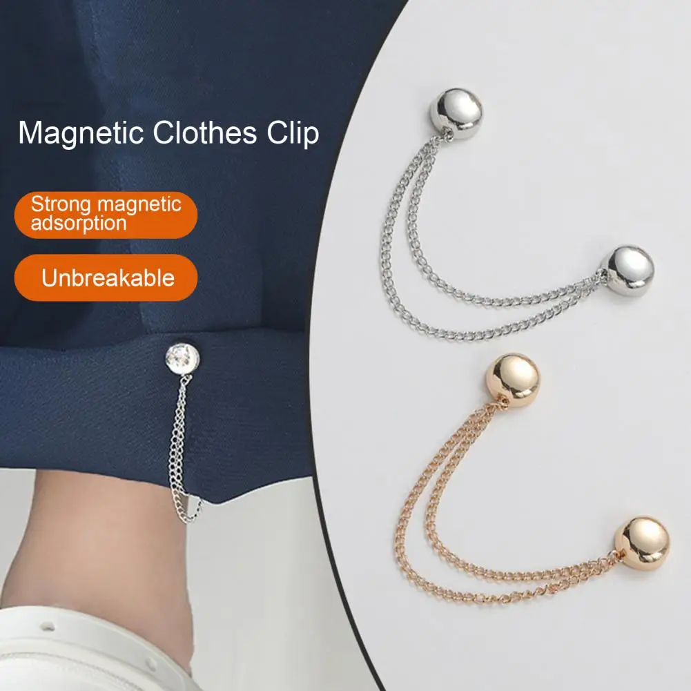 2Pcs Multi-Function Magnetic Clothing Clip with Chain Pinless Buttons Clip Clothes Scarf Trouser Legs Cuff Fixing Magnet Pin