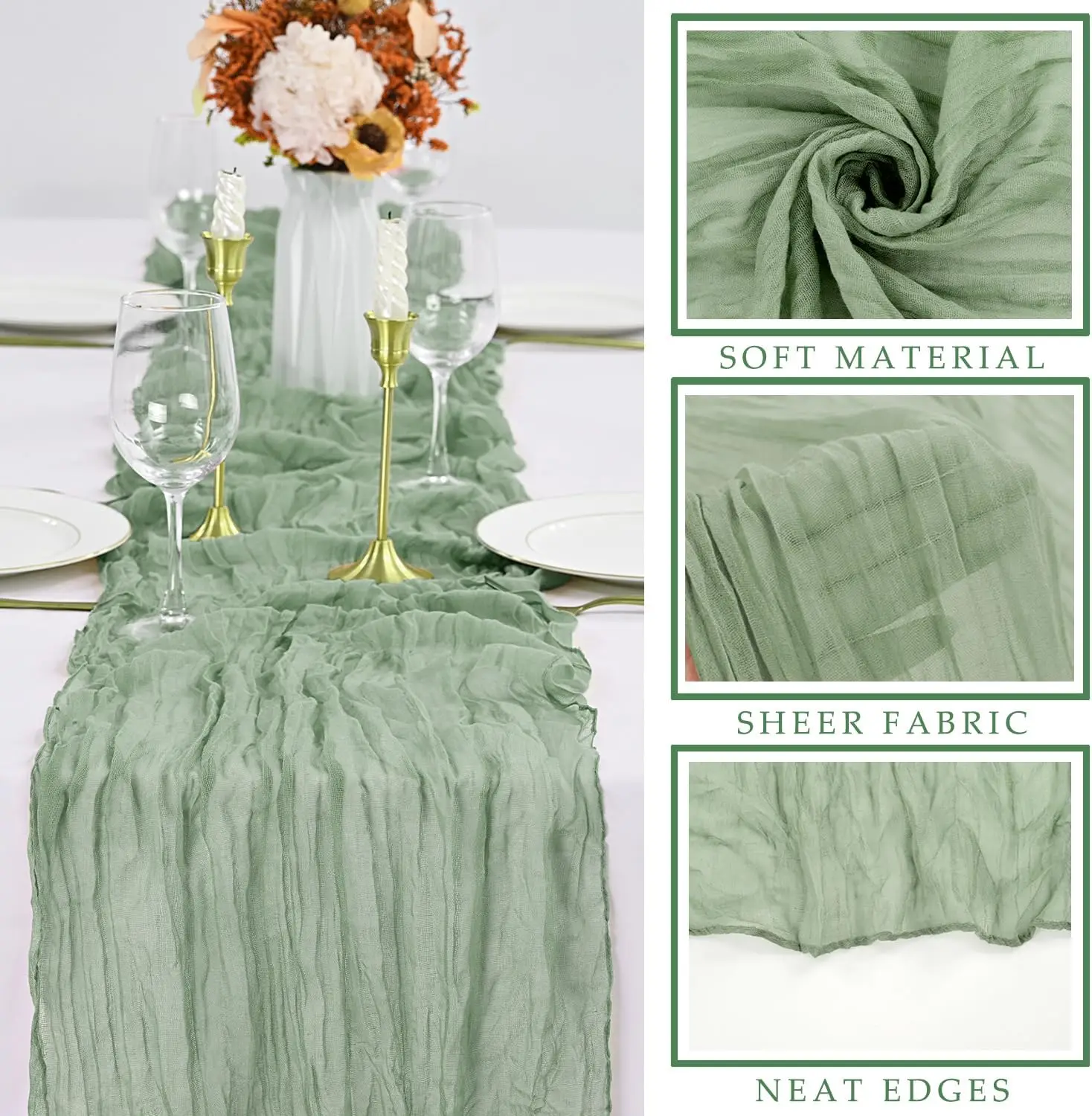 12 Pcs 10FT Sage Green Cheesecloth Table Runner 35 x 120 Inches Long Runner for Tables Gauze Fabric Boho Table Runner Decoration