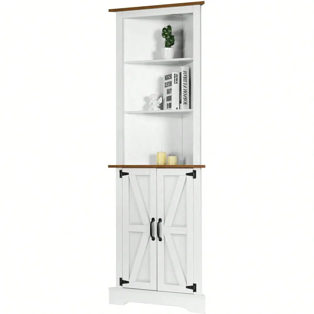 Tall Corner Cabinet With Barn Doors, 5Tier Farmhouse Storage Cabinet With Adjustable Shelves For Corner, Home Space Saver For L