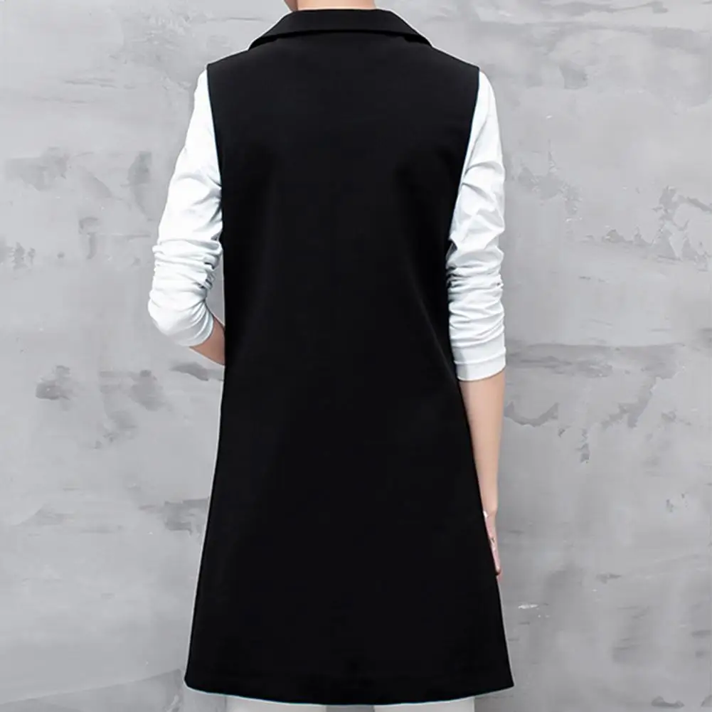 Women Long Suit Coat Sleeveless Mid Length Single Button Sleeveless Pocket Cardigan Lapel OL Commute Style casaco feminino