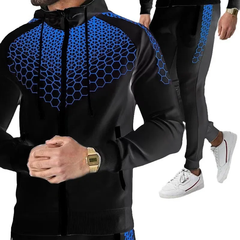 Amazon New Men's Sportswear Hooded Jacket Electronic Bee Nest Printing Casual Trousers Foreign Trade Suit