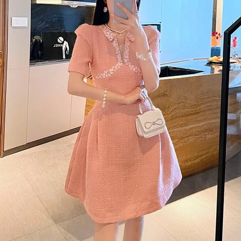 

Pink Tweed Dress Women Vintage V-neck High Waisted Woolen Bodycon Dress Ladies Party Short Sleeve Elegant Vestido Fall