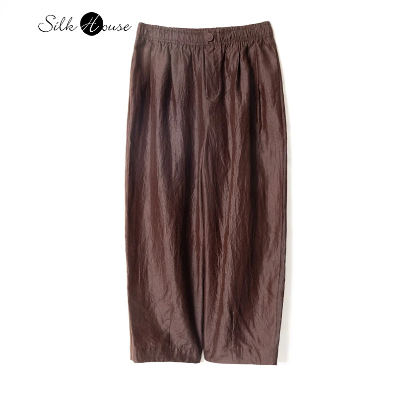 

Deep Brown Paper Crepe Elastic Waistband Pleated Design 100% Natural Mulberry Silk Red Cloud Yarn Women's Casual Pants
