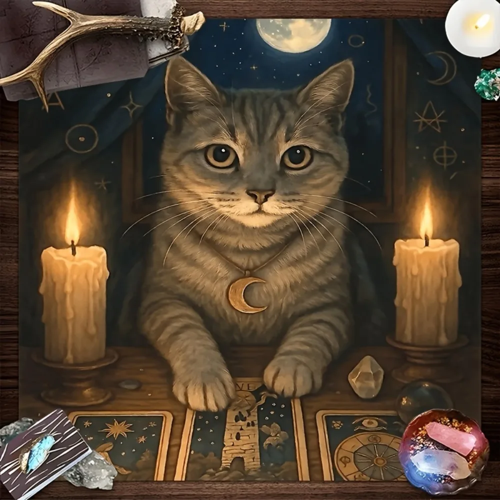 Mystical Moon Cat Altar Cloth Multiple Sizes Printed Tarot Star Totem Witchcraft Psychedelic Polyester Divination Tapestry Wall