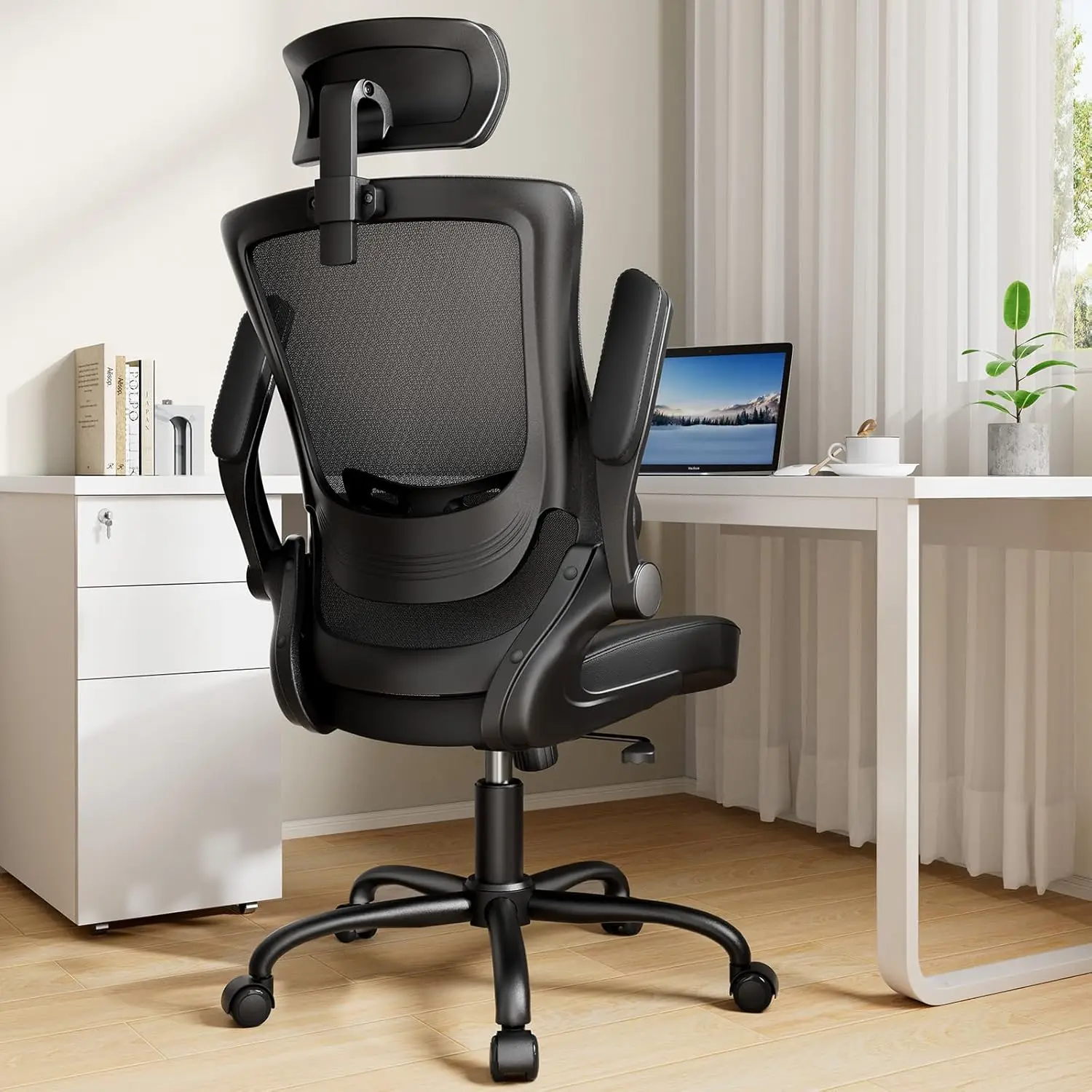 

Office Chair with Mesh Back and Leather Cushion,Lumbar Support Computer Chair with Flip-up Arms and Adjustable Height