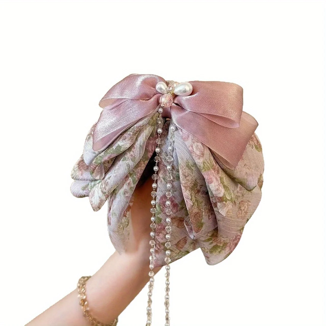 مخلب شعر شيفون مزين بالزهور - مشبك ذيل حصان ضخم، لمسات شعر أنيقة متعددة الطبقات من التول للنساء