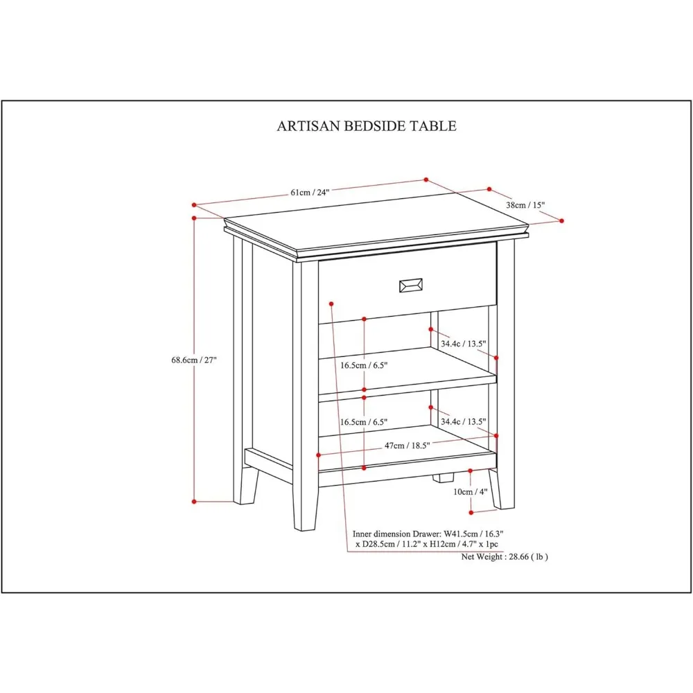 24 inches Wide Night Stand, Bedside table, Russet Brown SOLID WOOD, Rectangle, with Storage, 1 Drawer and 2 Shelves,