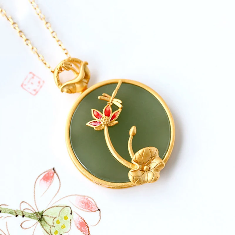 

Ancient gold craftsmanship inlaid with natural Hetian jasper round lotus leaf necklace pendant lady's exquisite luxury jewelry