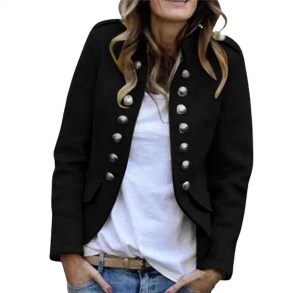 Women Coat Double Breasted Buttons Decor Long Sleeve Stand Collar Woolen Short Jacket Clothing