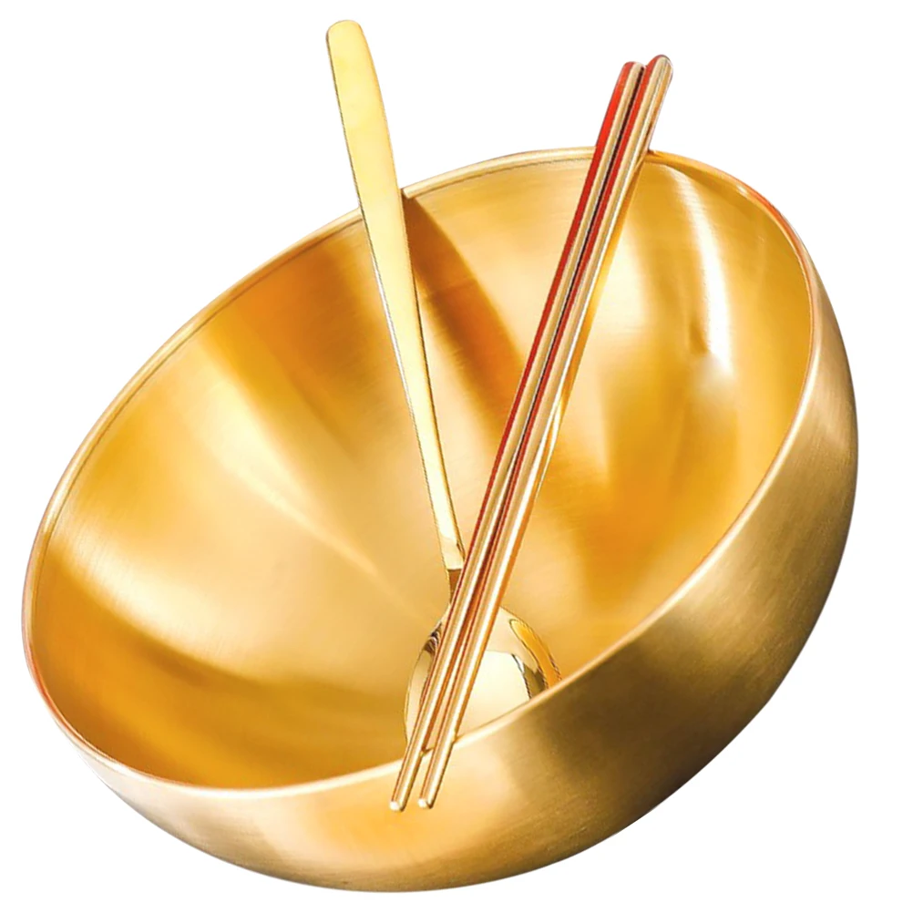 

Stainless Steel Noodle Bowl Set Golden 20cm Thick Salad Fruit Dessert Kitchenware Snack Container Dinner Chopstick Spoon