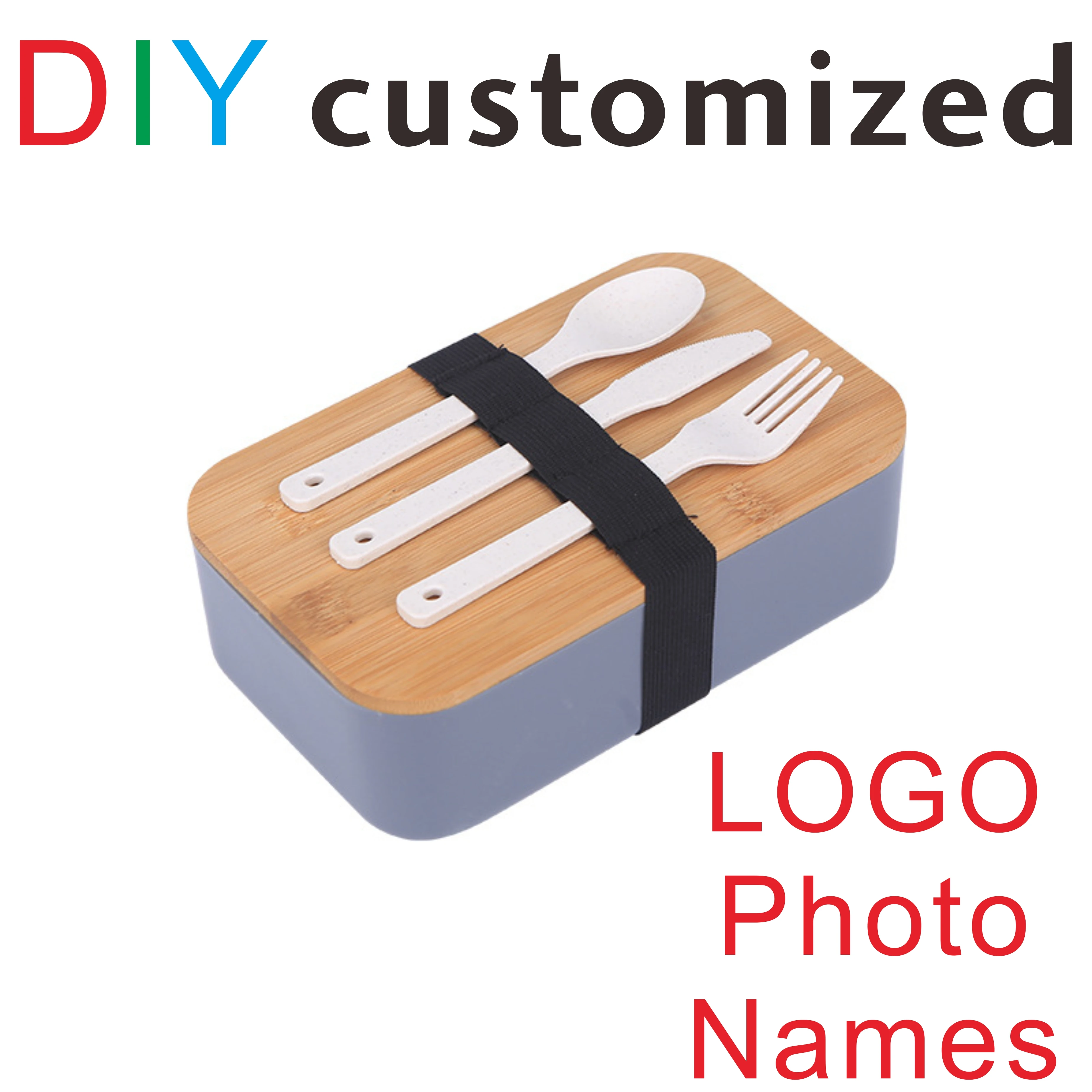 DIY Lunch Box with Customized Print Name LOGO Photo, Spoon, Fork, Knife, Eco Friendly Material, Bamboo Wood Cover, Food Safety
