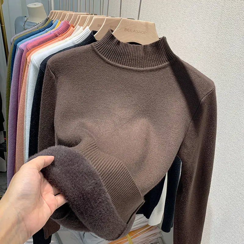 

Женский свитер с высоким воротником, утолщенный бархат, женский осенне-зимний новый тонкий дизайн с длинными рукавами, внутренняя верхняя основа, женское зимнее толстое пальто