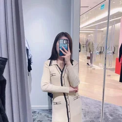 Color blocking really looks good S French V-neck single breasted color blocking striped knitted slim fit long sleeved long dress