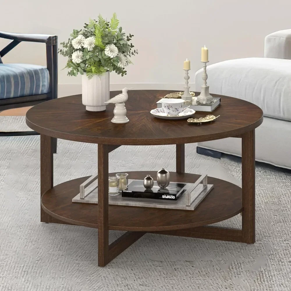 

35" Rustic Modern Circle Coffee Tables with 2-Tier Storage Shelf, Sofa Table, Cocktail Table for Living Room