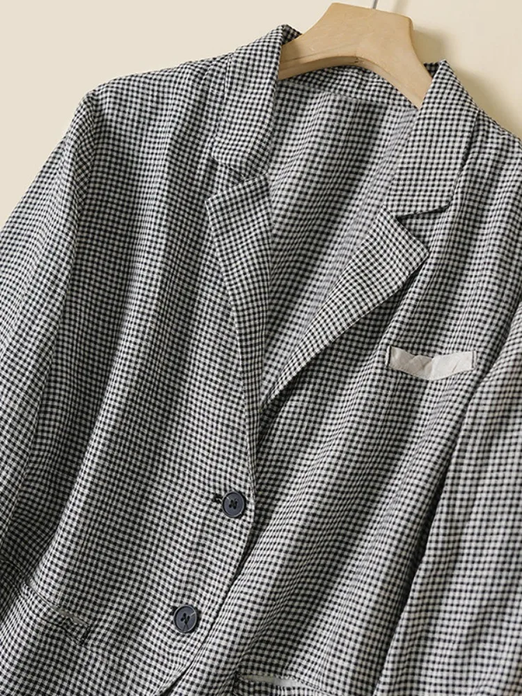 High-End Korean Style Women's Linen Suit Jacket Black White Plaid Long Sleeve Outerwear Layering Large Size Casual Shirt