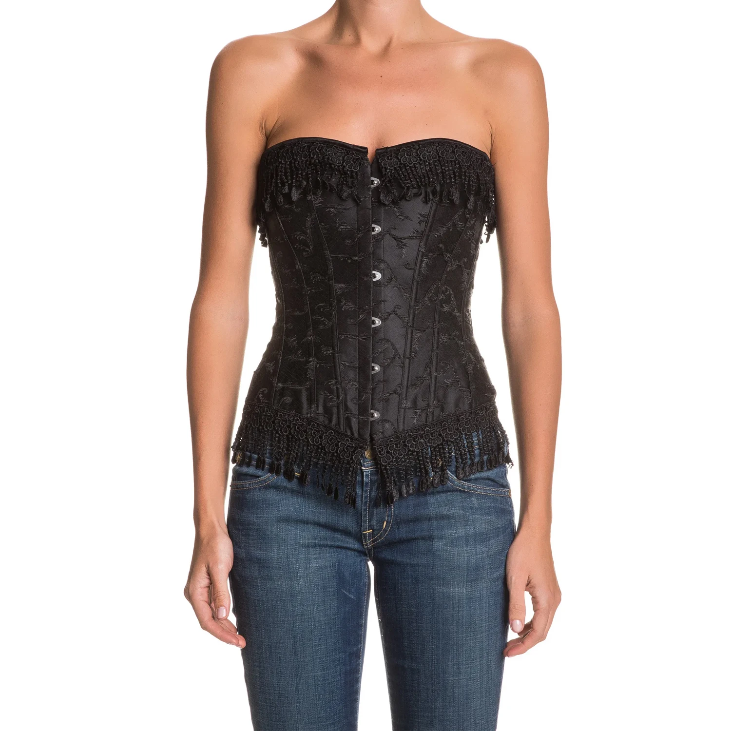 

Elegant High Quality Luxurious Beaded Fringed Embroidered Overbust Corset Lace Trimmed Black Tie Laces Corset Top S-2XL