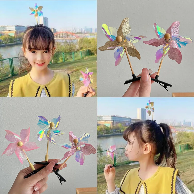 1pcs Windmill Hairpin Rotatable Little Girls Taking Photo Hair Clip Sweet Cute Children Barrettes Headwear New Year Xmas Gift