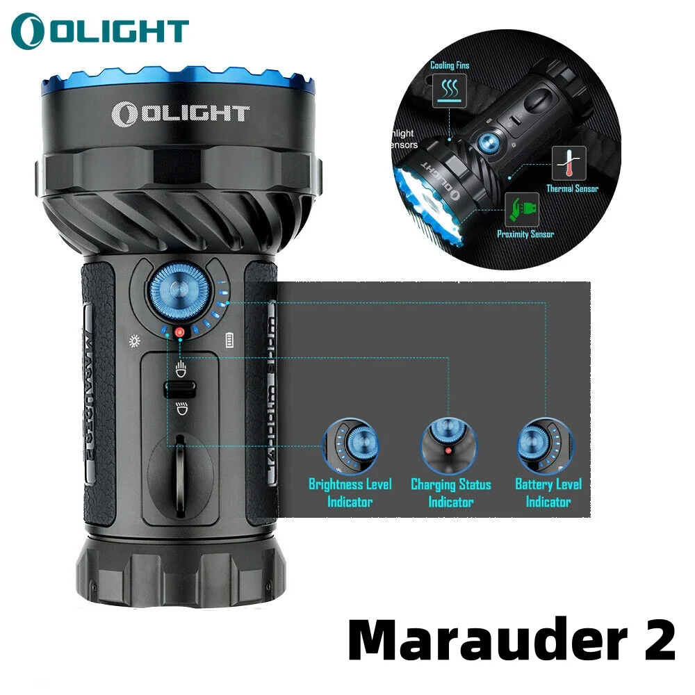 Olight Marauder 2 Tactical LED Ultra Bright Flashlight 800meters Beam Throw 14000Lumens USB-C Rechargeable IPX8 Built-in Battery