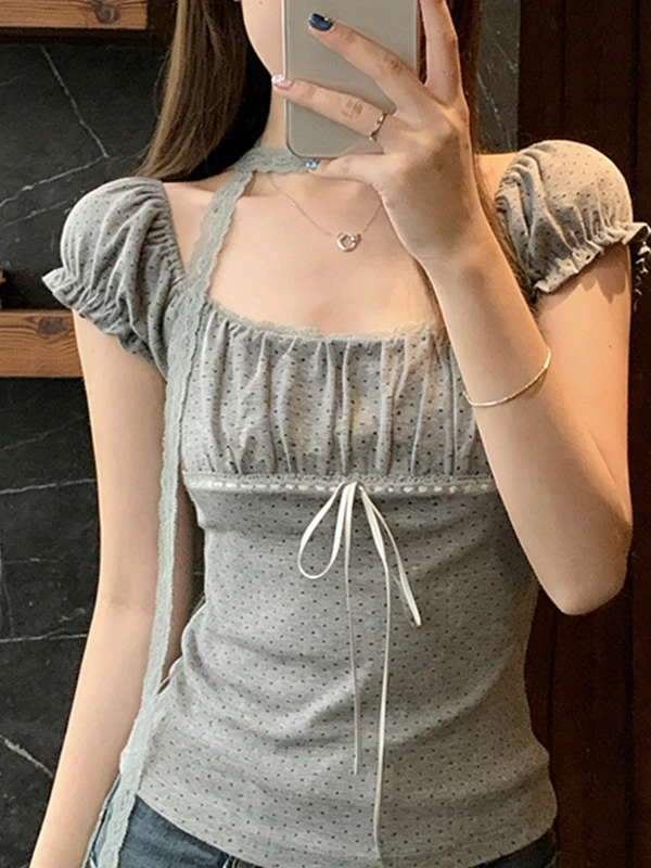 

Summer New plus Size Polka Dot Bubble Sleeve T-Shirt Sweet And Spicy Style Trendy Slimming Top for Women Commute Korean Style