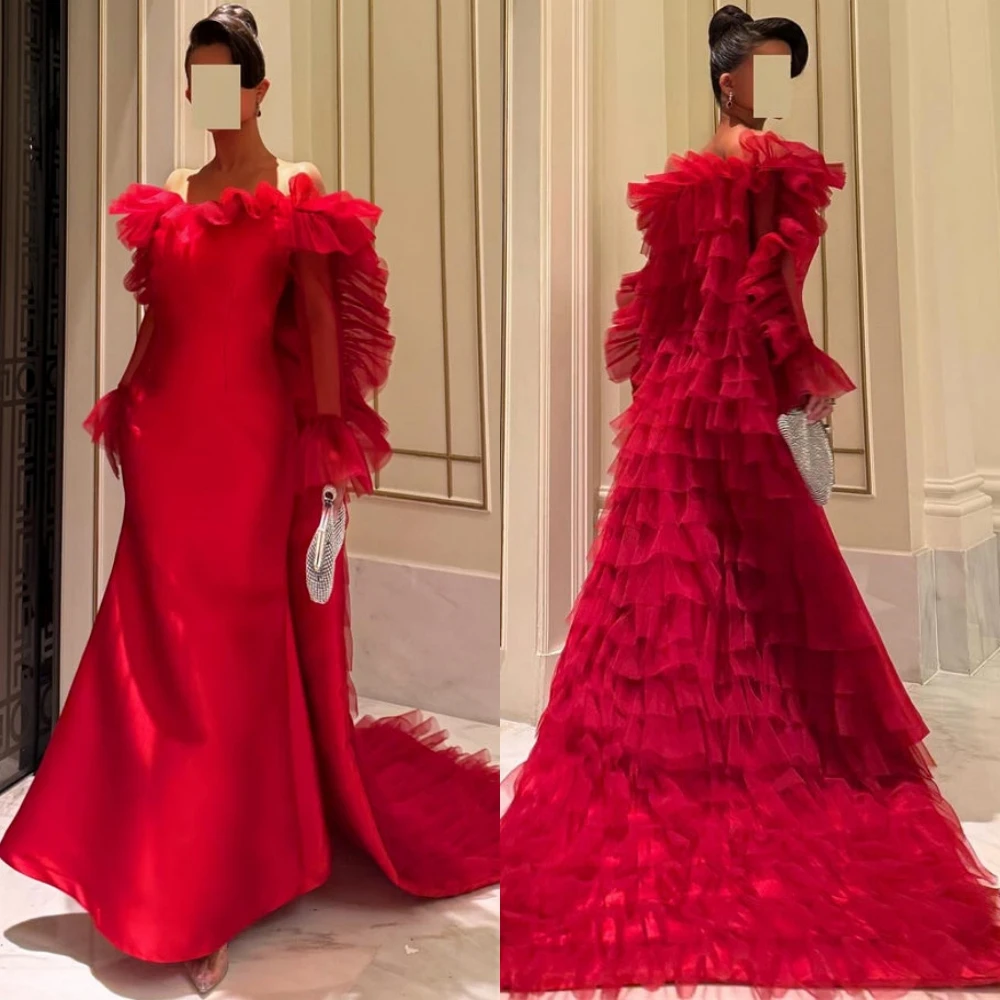 Customized Luxury Satin Tiered Evening Dress Exquisite Boat Neck Prom Dresses Temperament Long Sleeves Special Occasion Gowns