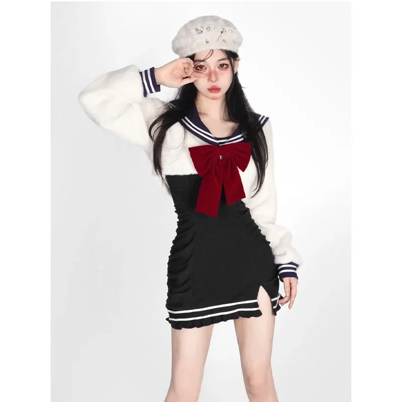 2025 خريف جديد Y2k لطيف مجموعة سترة فستان البدلة Preppy البحرية طوق القوس بأكمام طويلة البلوز الأسود تريكو فستان النساء الملابس #6