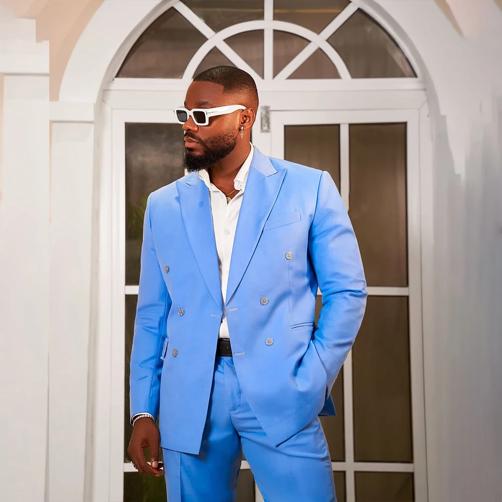 

Blue Men's Suits 2 Pieces Peaked Lapel Double Breasted Wedding Groom Blazer Prom Slim Fit Office Business Jacket+Pant Customized