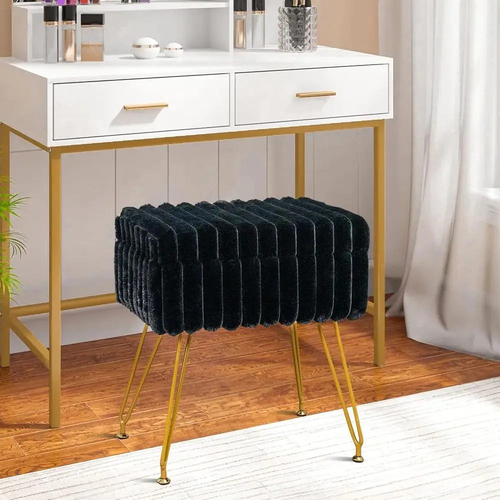 

Black Vanity Stool Chair with Storage Ottoman, Vanity Chair or Makeup Room, Vanity Stools or Bedroom, Ottoman with Metal Legs an