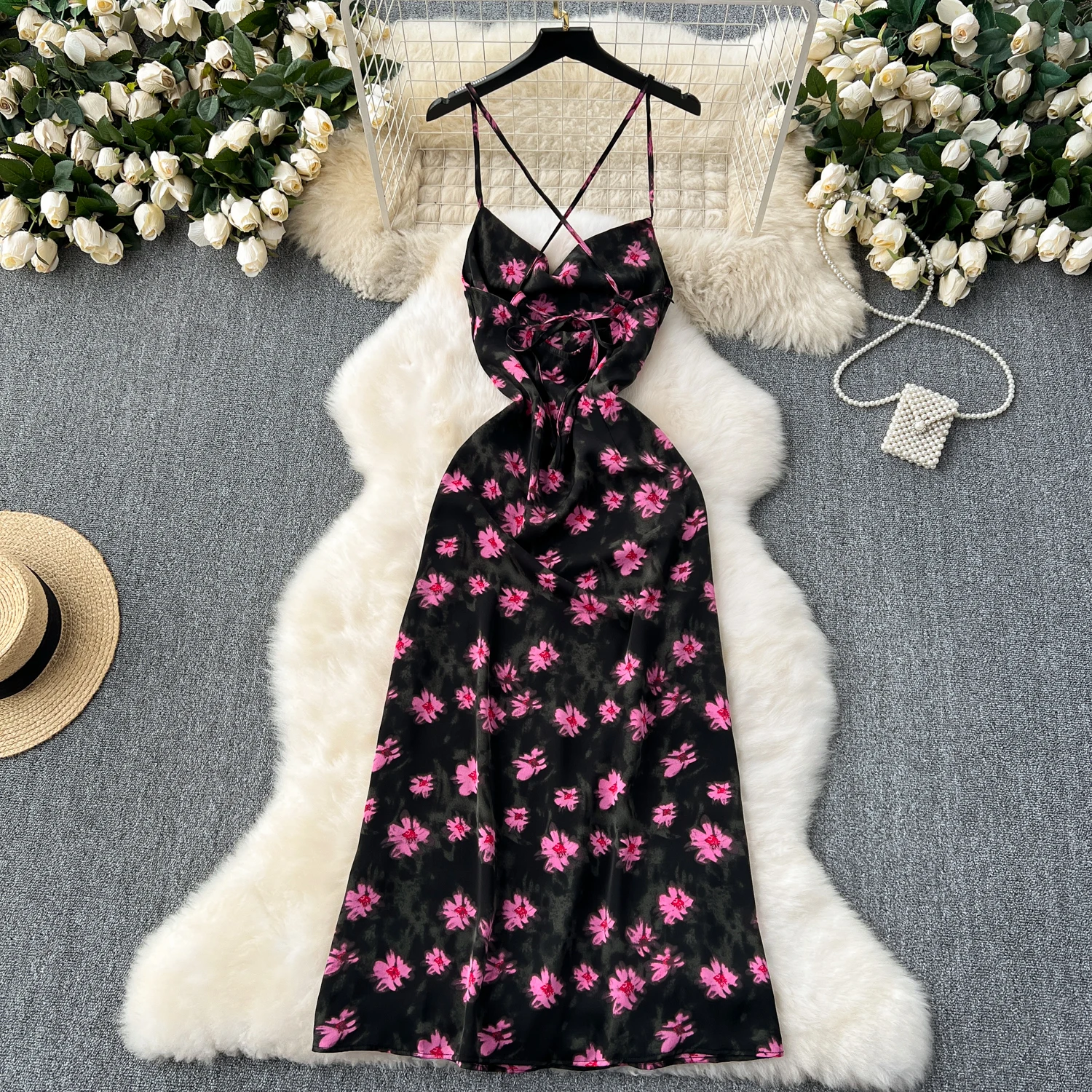 Clothland Women Sexy Floral Cami Dress Backless Lace Up Sleeveless V Neck Female Black Chic Midi Dresses Vestido QD577