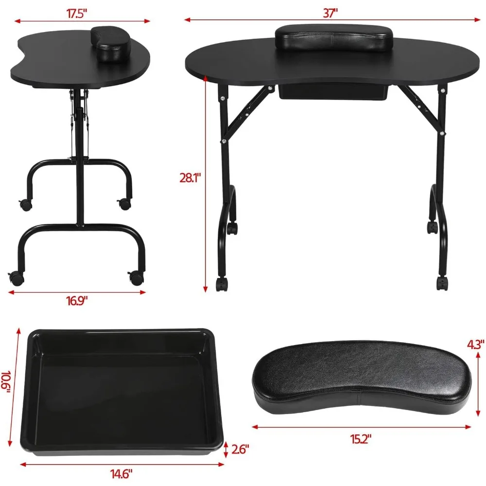 37-in Portable & Foldable Manicure Table with Large Drawer/Client Wrist Pad/Controllable Wheels/Carrying Case