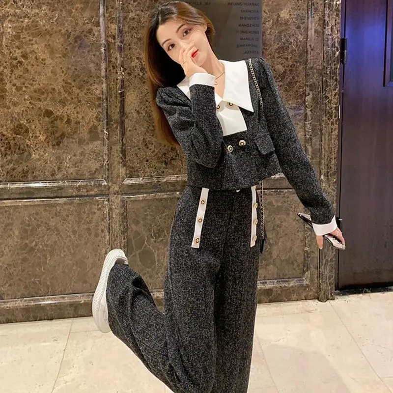 

Women's Pants Sets Fashion Casual High Quality Sportswear Long-sleeved Short Jacket Loose Wide-legged Trousers 2pcs Matching Set