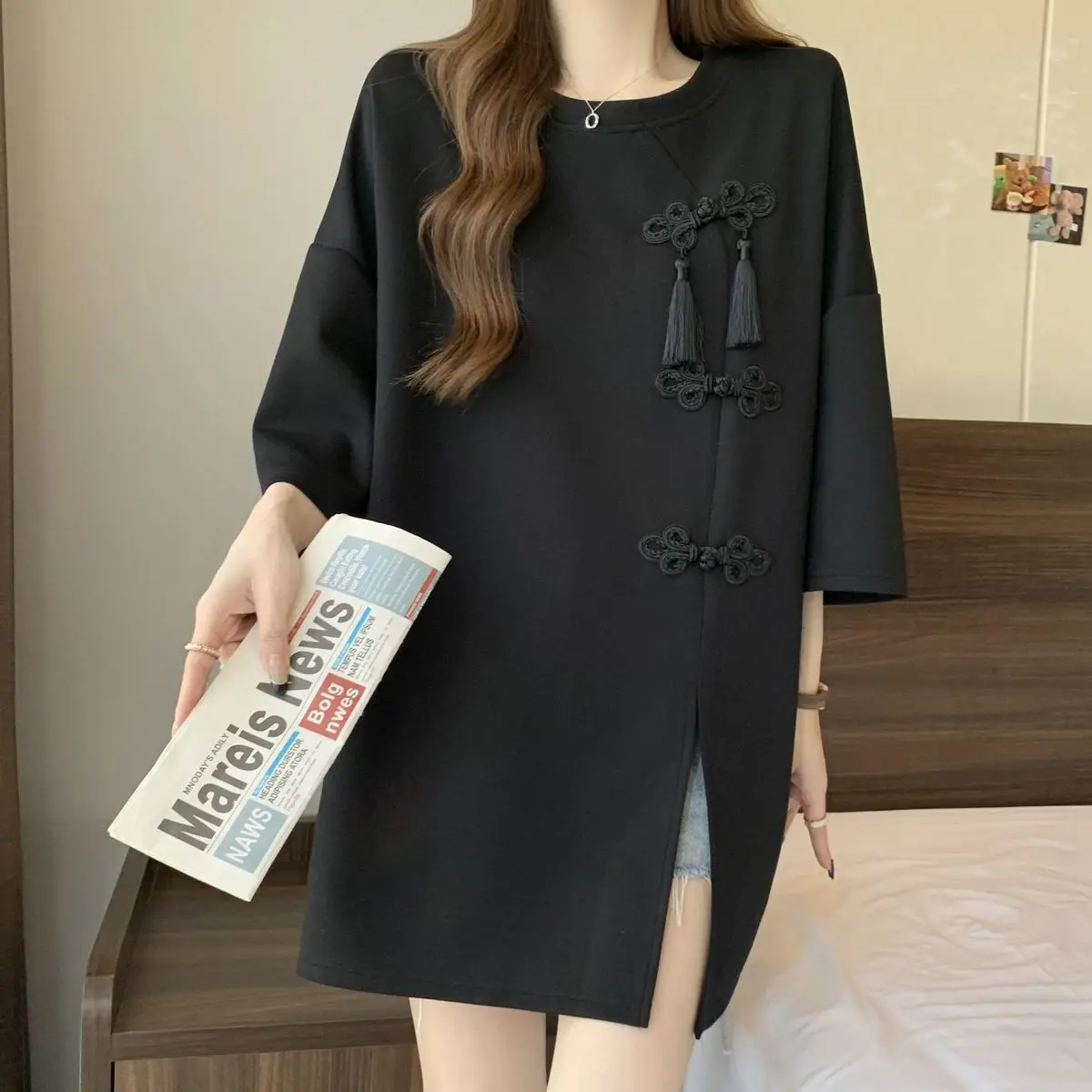 Oversized Women Clothing Fashion Loose Solid Color O-neck Short Sleeve T-Shirt Summer Chinese Style Buttons Irregular Top Tee