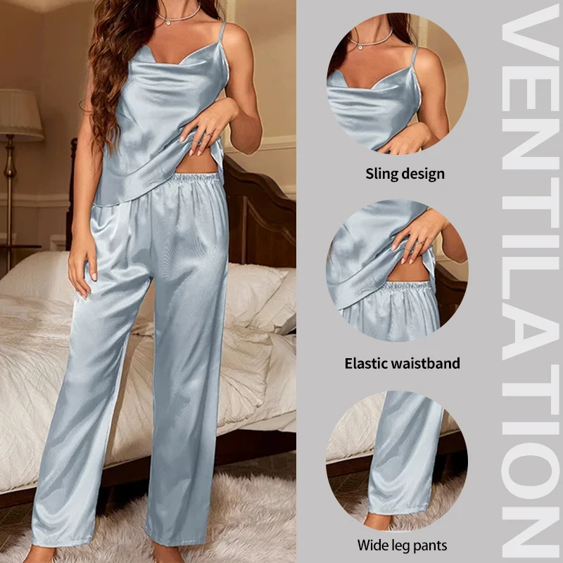 Women\'s Sexy Soft Silk Pajama Set Deep Neckline Vest and Straight Leg Pants High Quality Satin Sleepwear Set