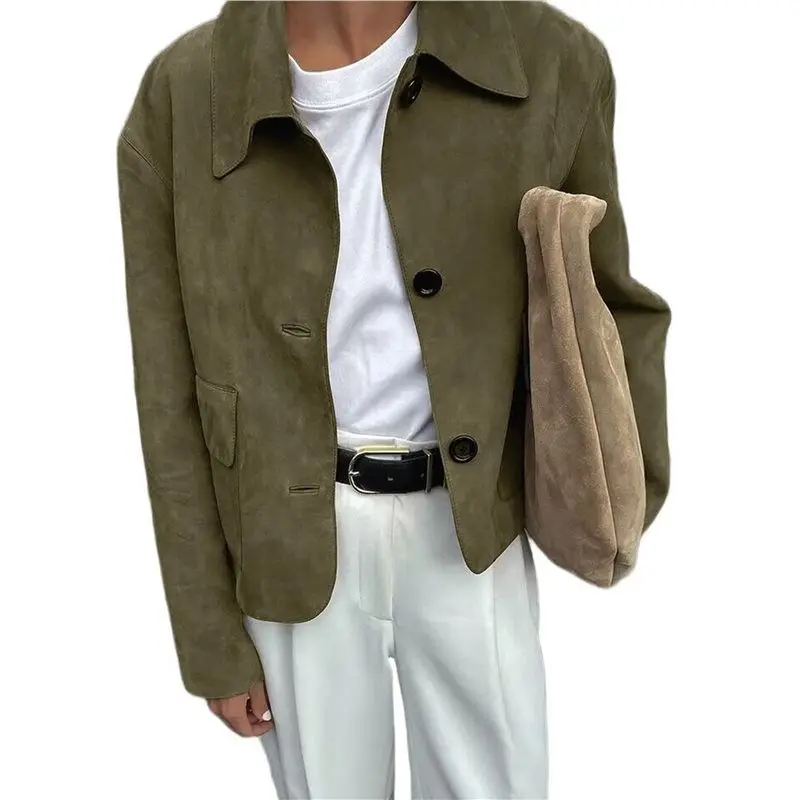 A19Q-Women's Casual Lapel Solid Color Long Sleeve Jacket Cropped Coat Vintage Button Shirt